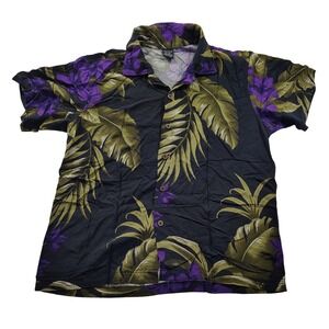 Favant Hawaii Womens XL 16 Tropical Floral Rayon Button Down Camp Shirt Black